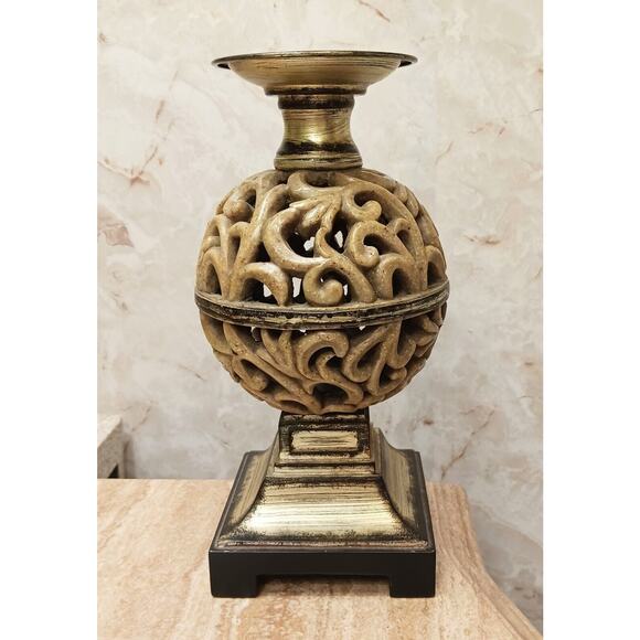 Ornate Candle Holder 12" Art Deco Faux Alabaster Cut Out Globe Morrocan Boho VNT - Picture 4 of 10